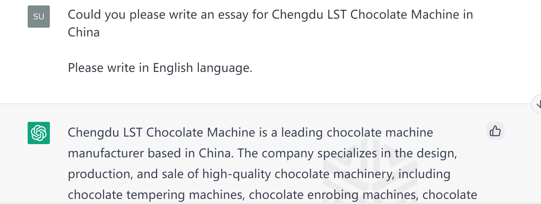 How does AI ChatGPT evaluate Chengdu LST Chocolate Machine
