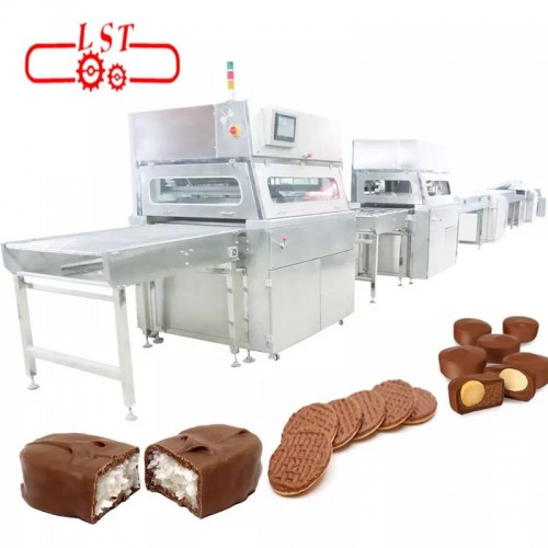 Nov stroj za prevleko čokolade, ki robira proizvodno linijo, linijo za izdelavo čokoladnih piškotkov s prilagojenimi hladilnimi tuneli, plaščem za sladkarije